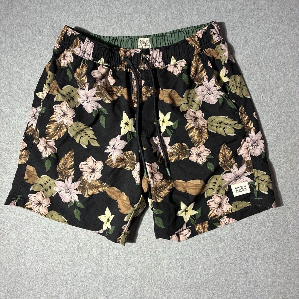 Scotch & Soda Men’s Small Swim Trunks Black Floral Tropical Board Shorts